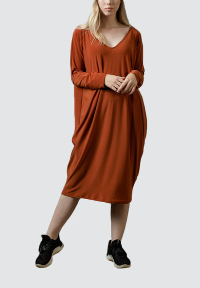 V Neck Cocoon Dress | Rust