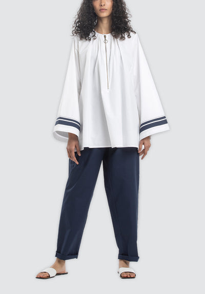 Wide Sleeve Gather Neck Top | White