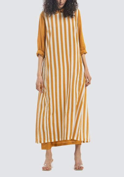 Side Gather Over Dress Co-Ord | Mustard Stripe