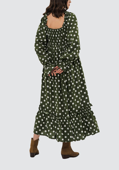 Lauren Linen Dress | Khaki Polka Dot